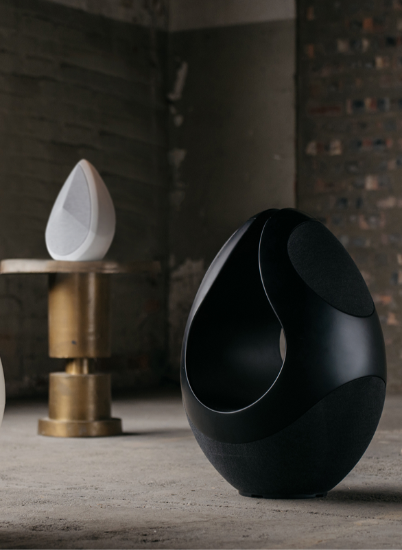Pantheone I and the Obsidian wireless speakers, in an industrial space.