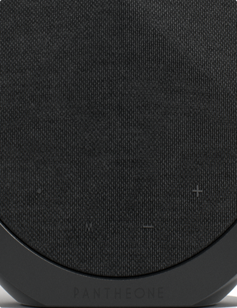 Pantheone Obsidian speaker close-up showing touch-sensitive controls and black acoustic mesh