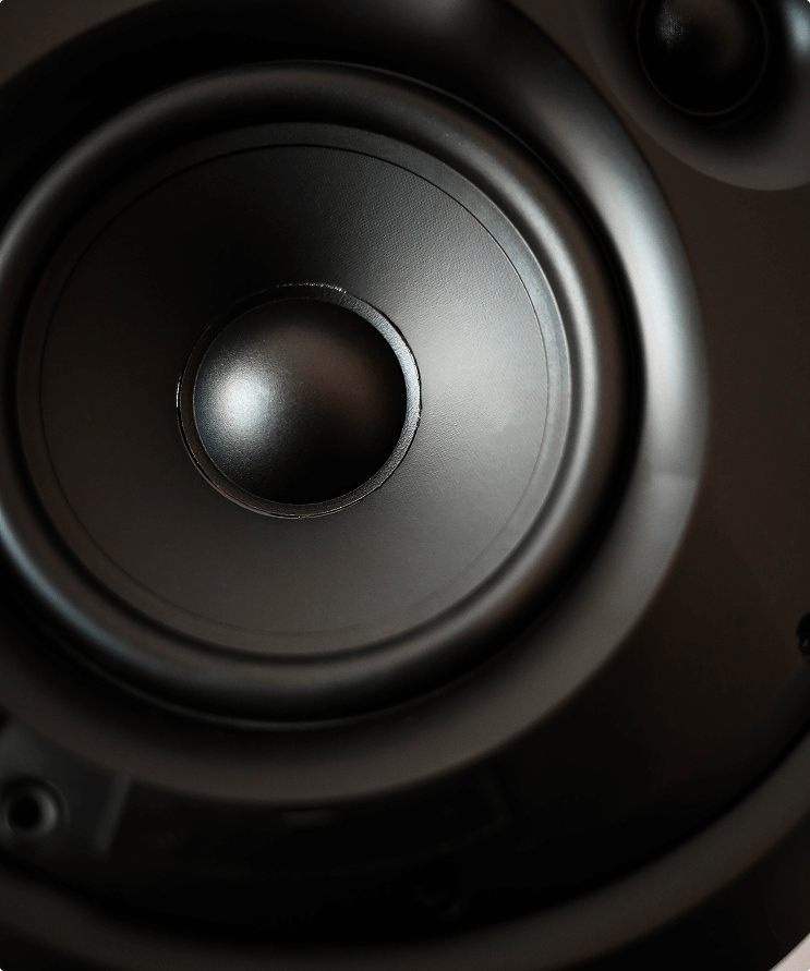Close-up of a black Obsidian speaker driver, highlighting the smooth contours and acoustic detail.