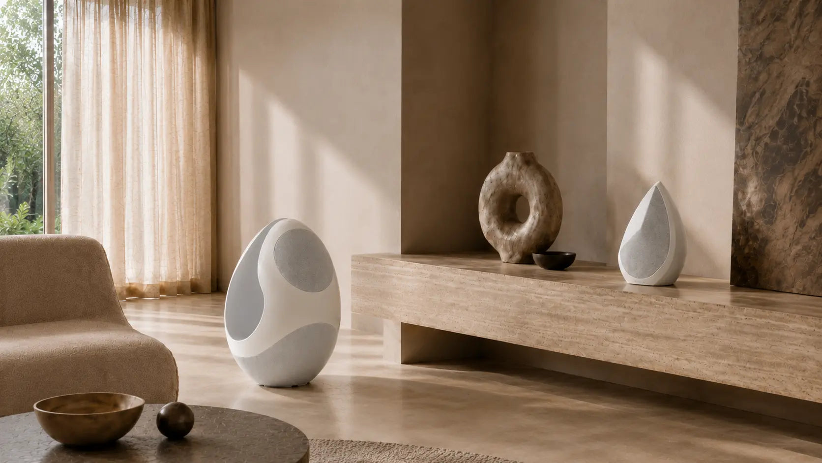 Modern living room with decorative vases and bowls on a wooden shelf, and the Obsidian and Pantheone I speakers 