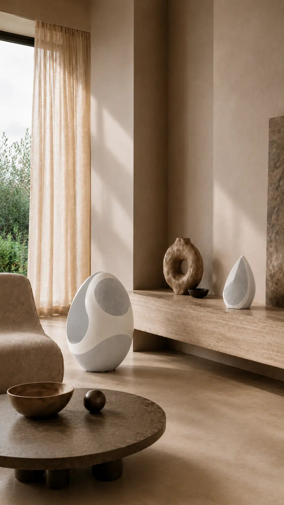 Modern interior with a wooden cabinet, white egg-shaped speaker, and decorative items.