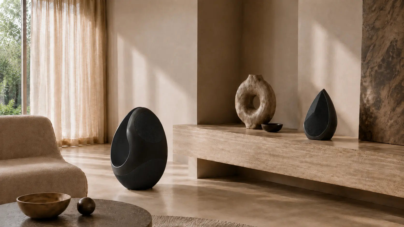 Modern interior with black egg-shaped chairs and decorative items on a wooden shelf.