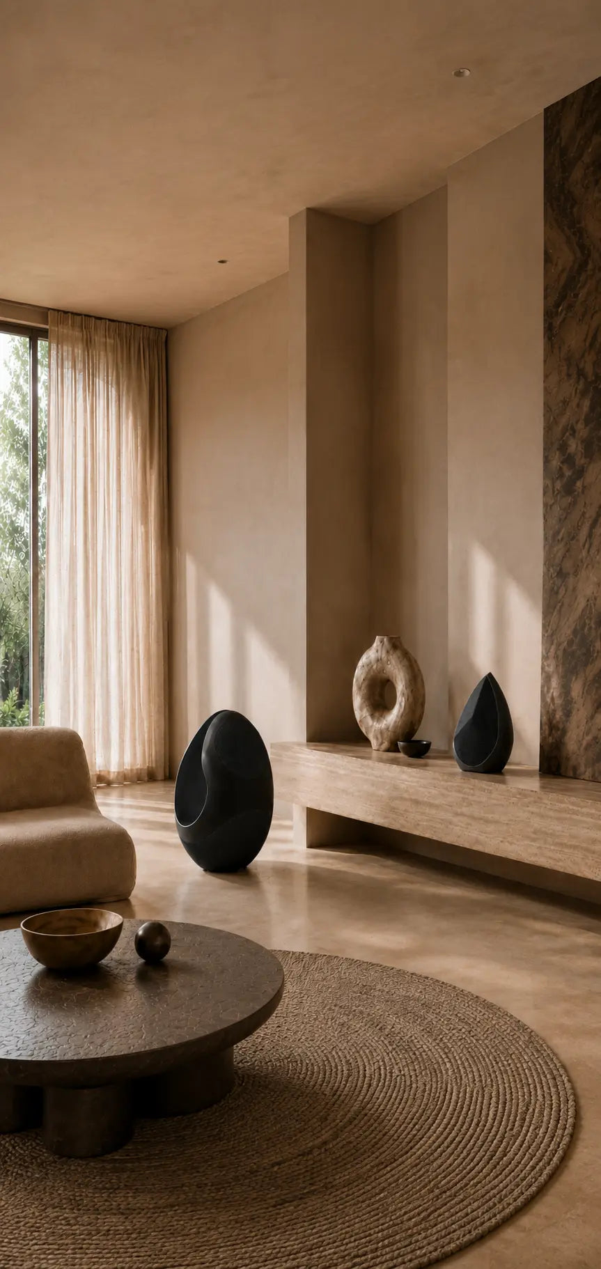 Modern living room with minimal decor, featuring a coffee table, chairs, and a rug.