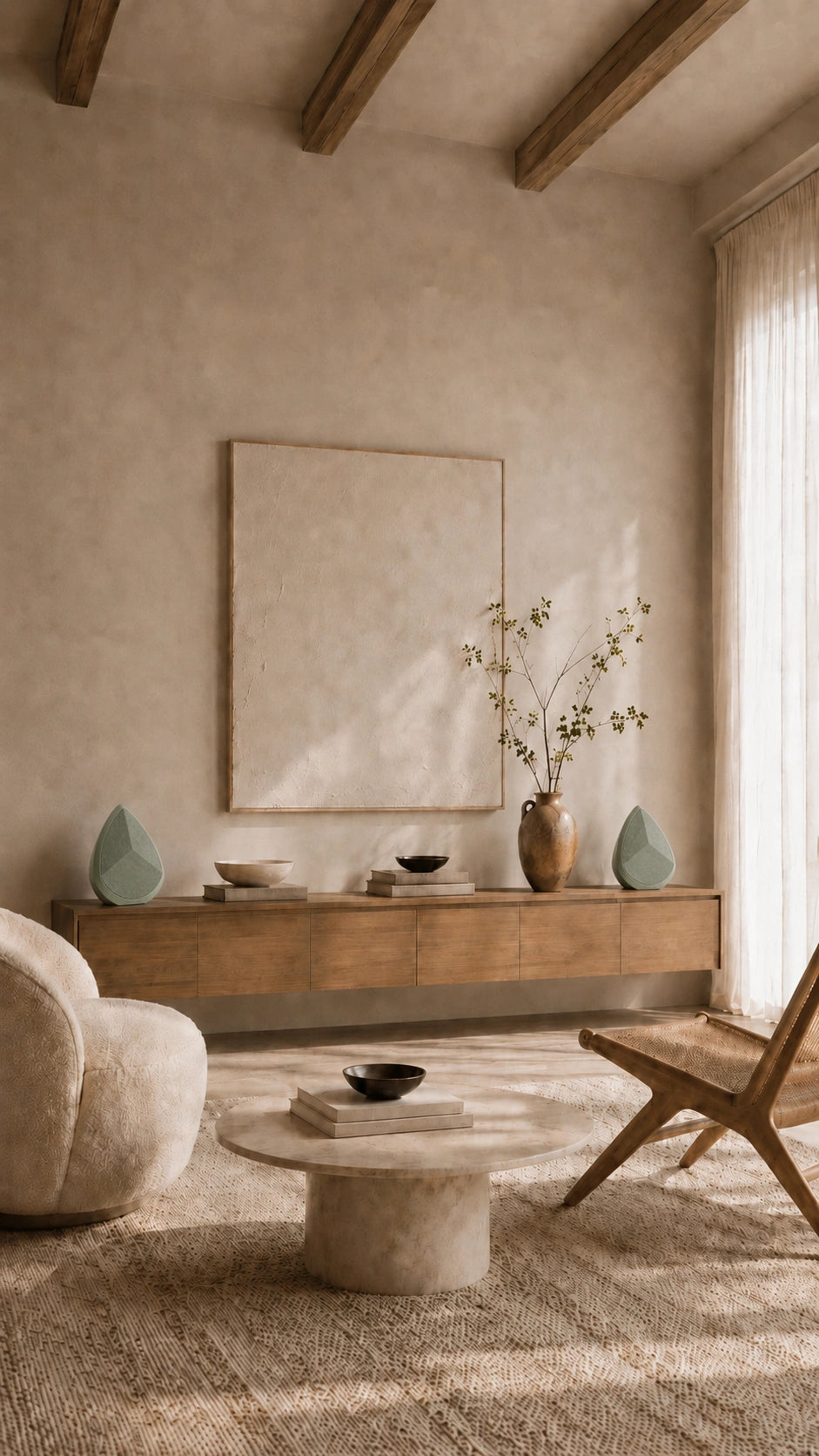 Modern living room with a neutral colour palette, featuring a sofa, armchair, and coffee table, with the Sage Obsidian speakers serving as decorative items.