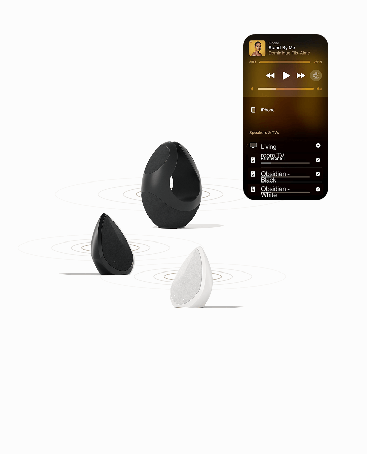 Pantheone I and two Obsidian wireless speakers demonstrating multi-room and showing it on a mobile with the Pantheone App open