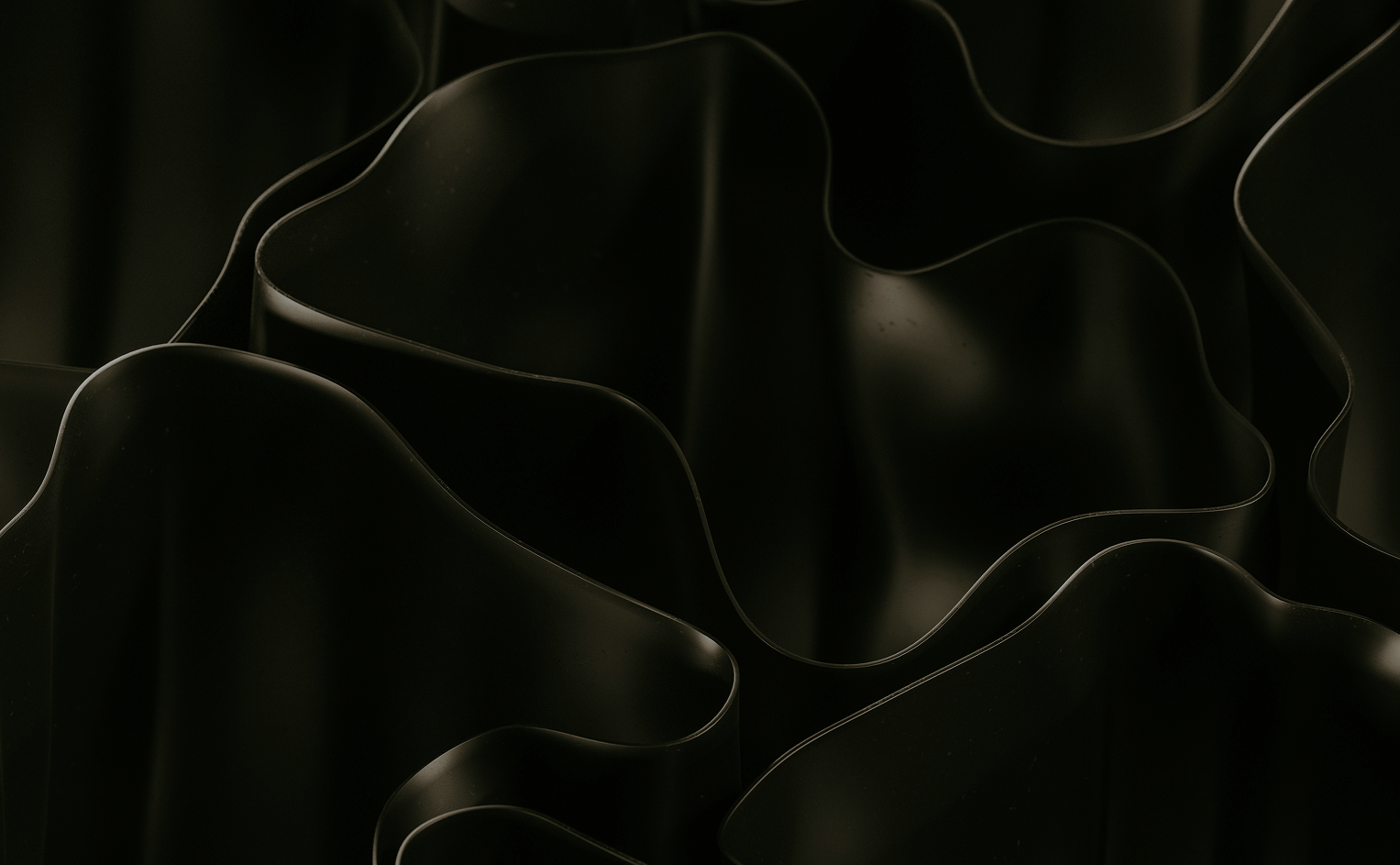 Close-up of sculptural black curves resembling flowing fabric or waves.