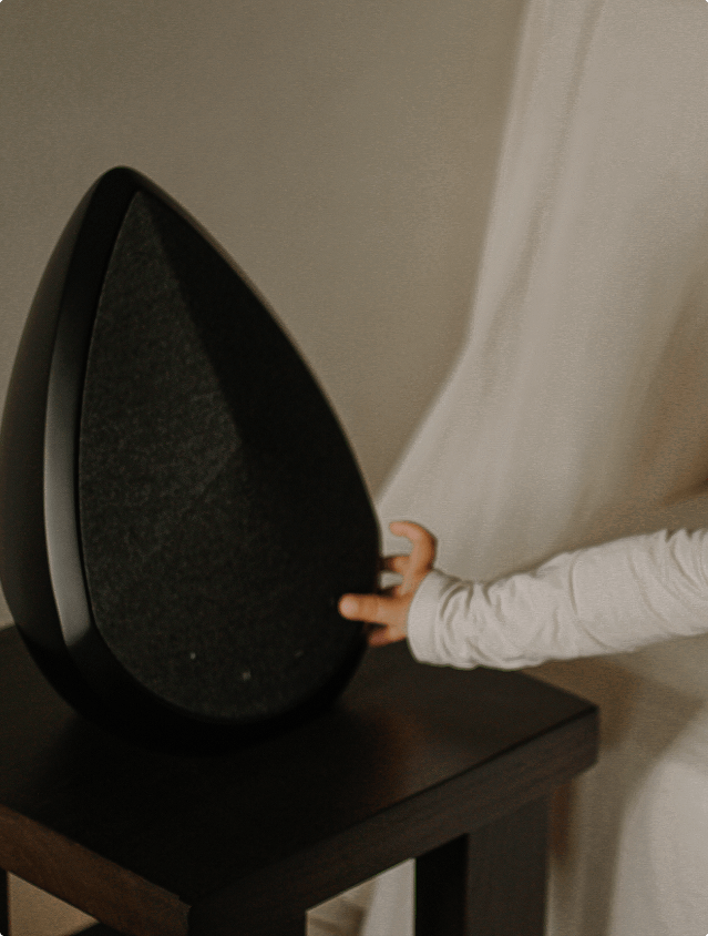 The Obsidian wifi and Bluetooth speaker on a side table, and a child pressing the buttons 