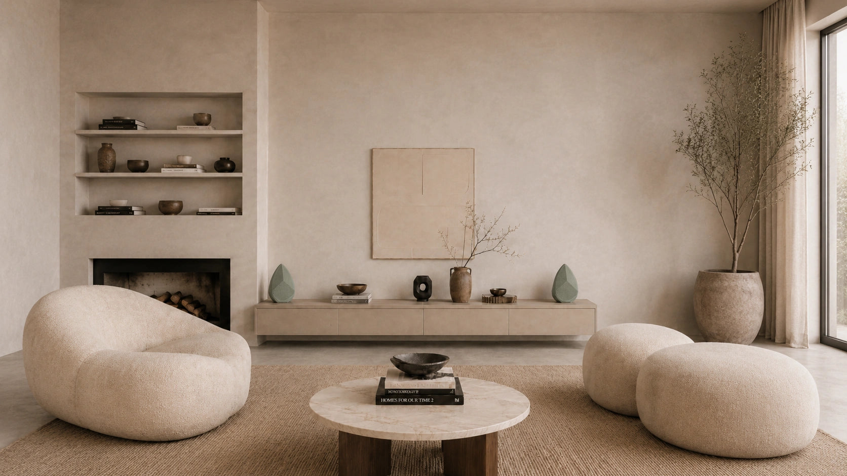 Modern living room with neutral decor, round coffee table, and wall art and the two Obsidian sage speakers on a cabinet. 
