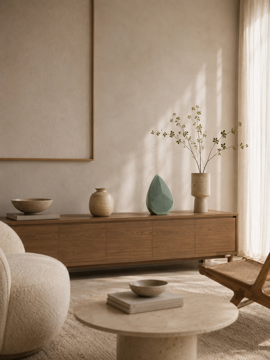 Modern living room with wooden cabinet, decorative vases, and a chair.