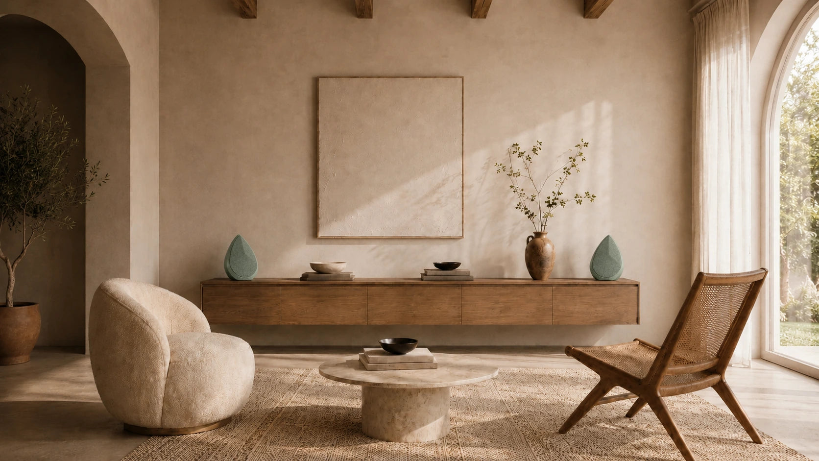 Modern living room with a neutral colour palette, featuring a sofa, armchair, and coffee table, with the Sage Obsidian speakers serving as decorative items.
