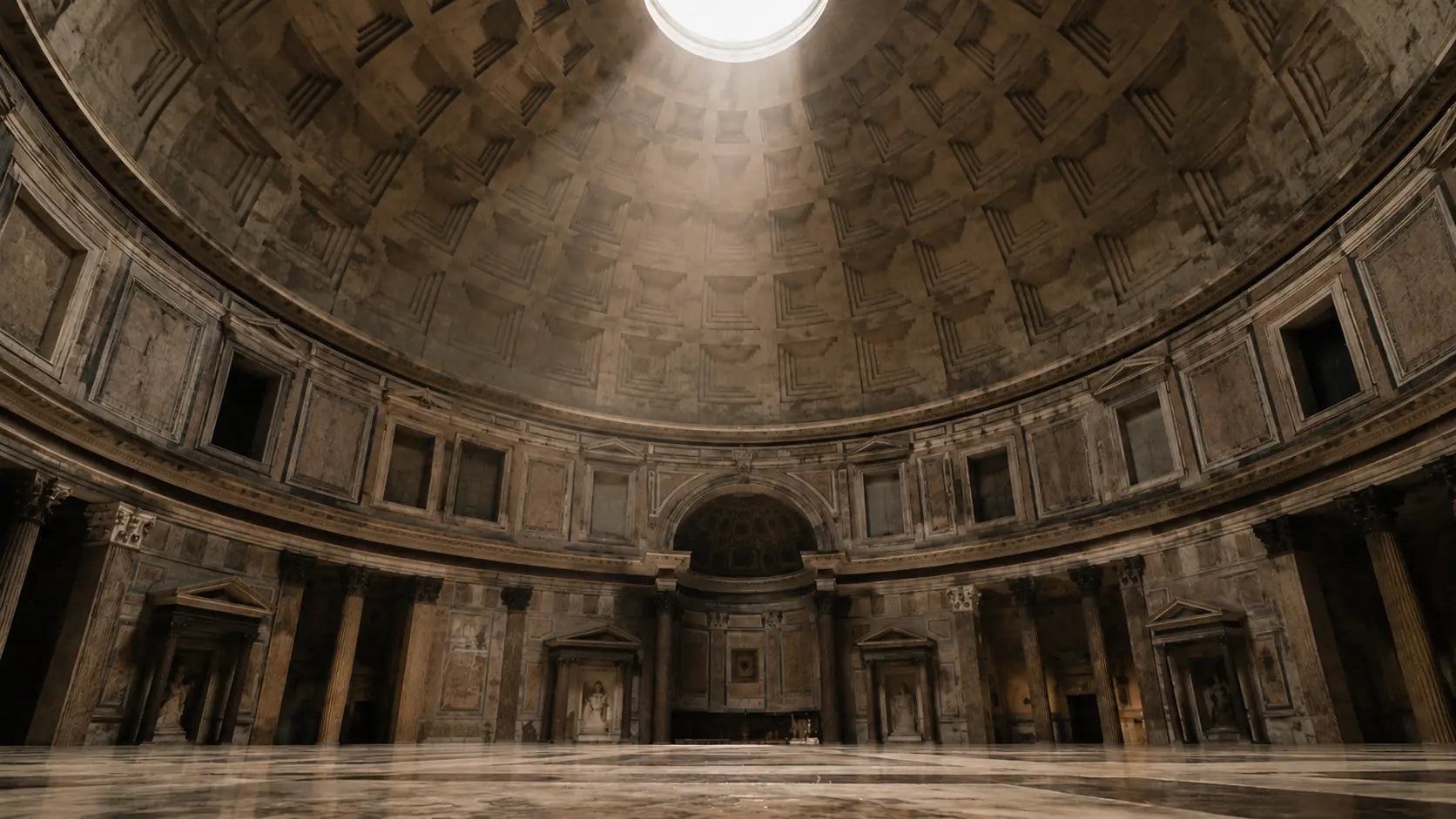 The interior of a grand domed ancient Roman-style hall with a circular oculus of light at the top, stone walls, columns, and a polished floor reflecting the ambient light.
