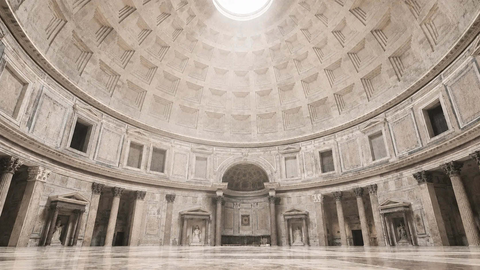 The grand interior of the Pantheon in Rome, featuring a vast coffered dome, a bright circular oculus at the top, and classical columns lining the floor.