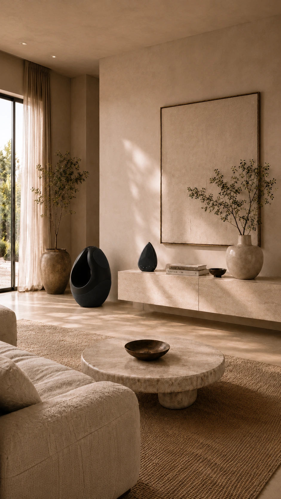 Modern living room with neutral tones, furniture, and decor.