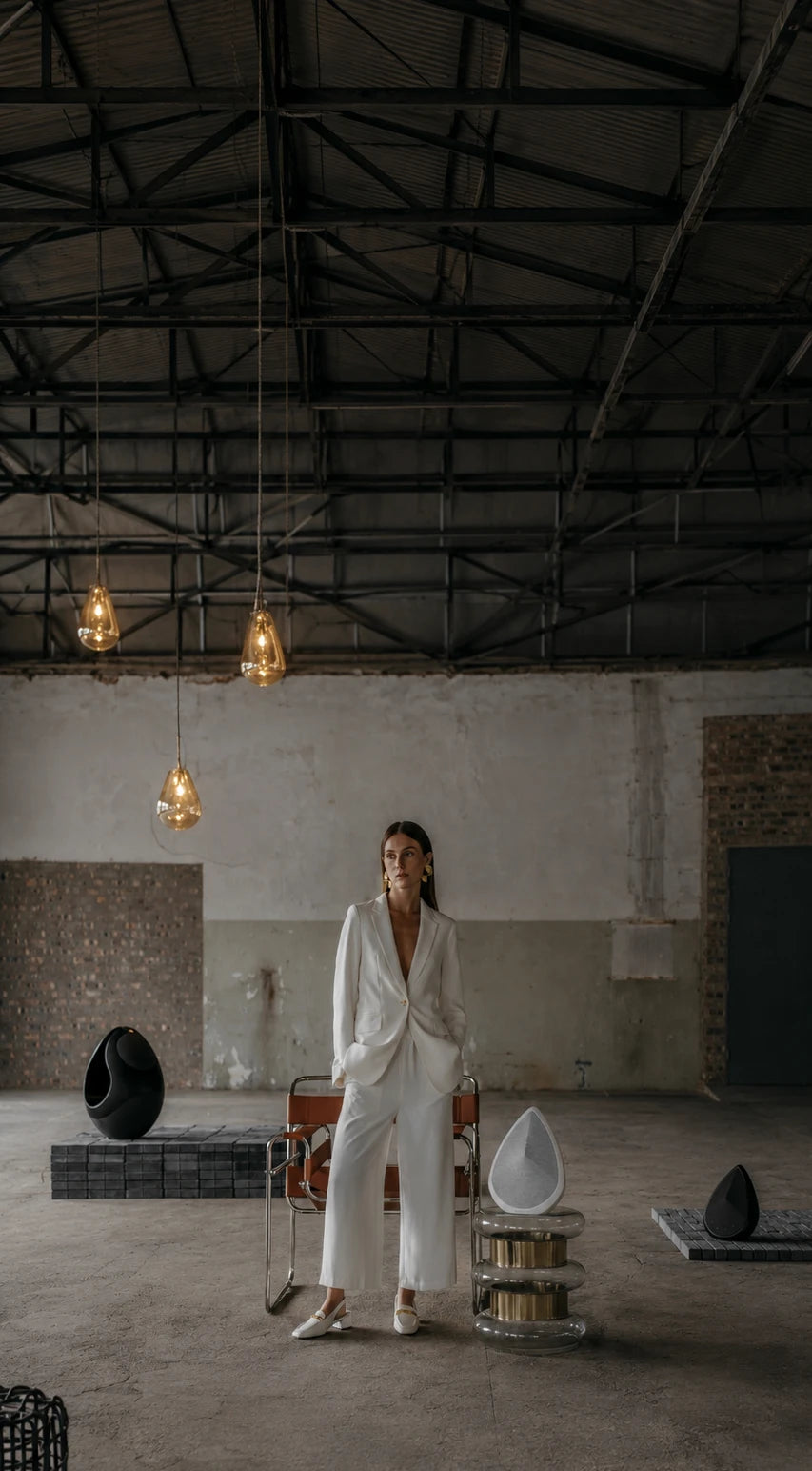 A person in a white outfit standing in an industrial-style room with the Pantheone wireless speakers.