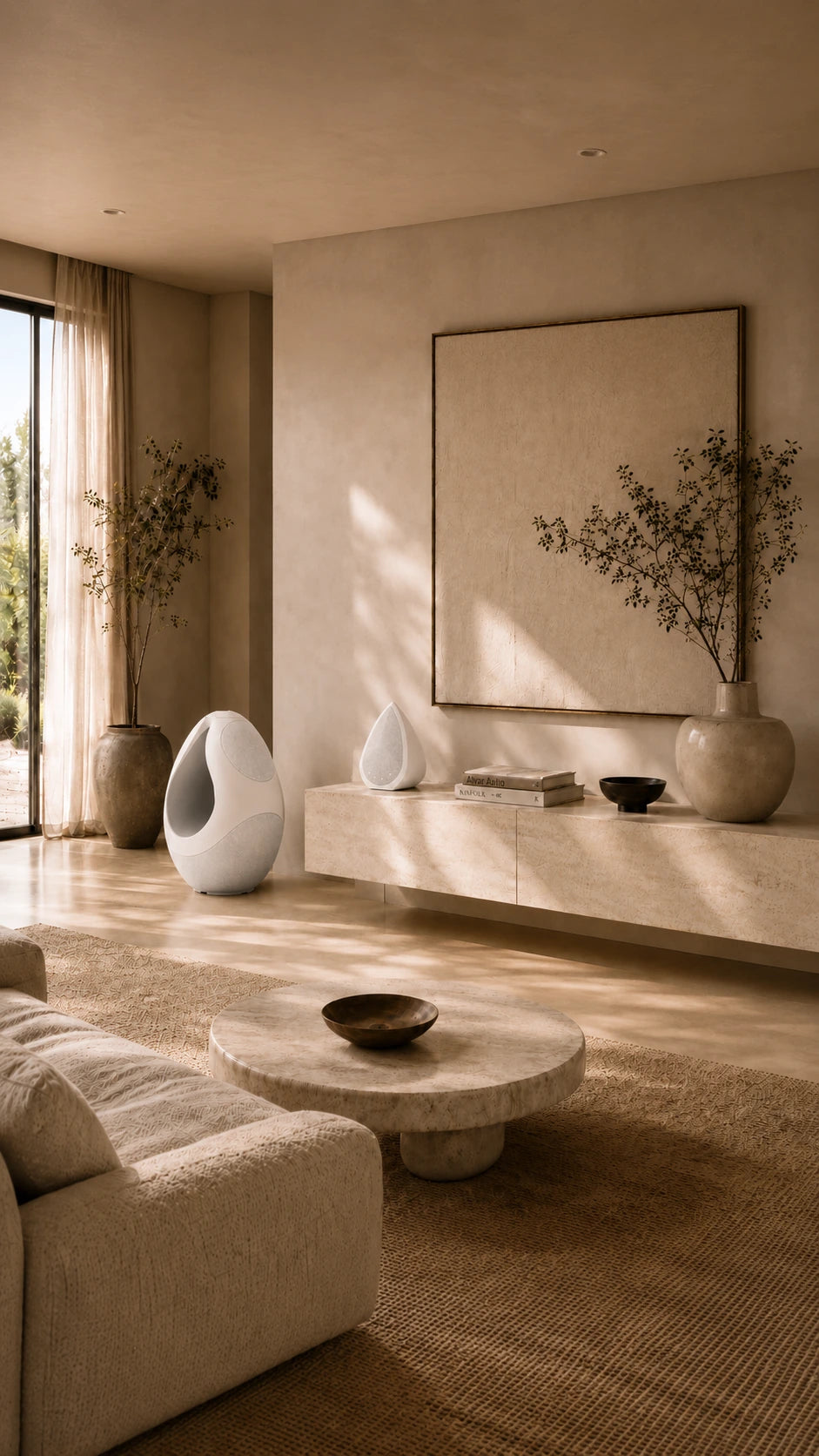 Modern living room with neutral tones, furniture, and the Pantheone I and Obsidian speakers serve as a decorative elements.