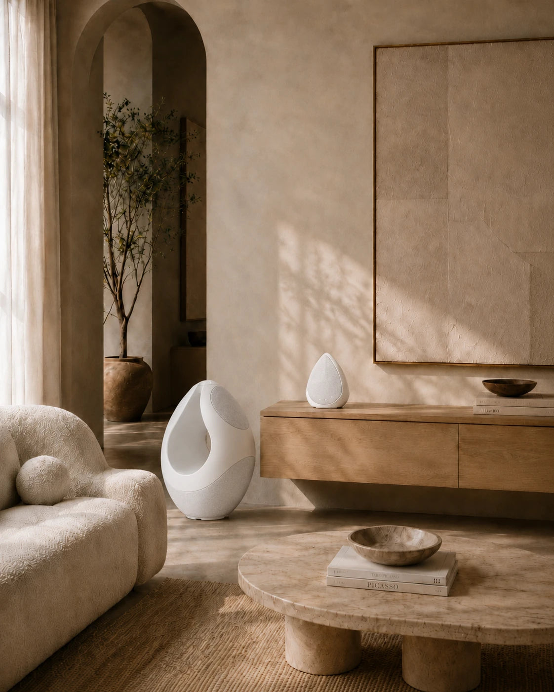 Modern living room with neutral tones, wooden furniture, and decorative items.